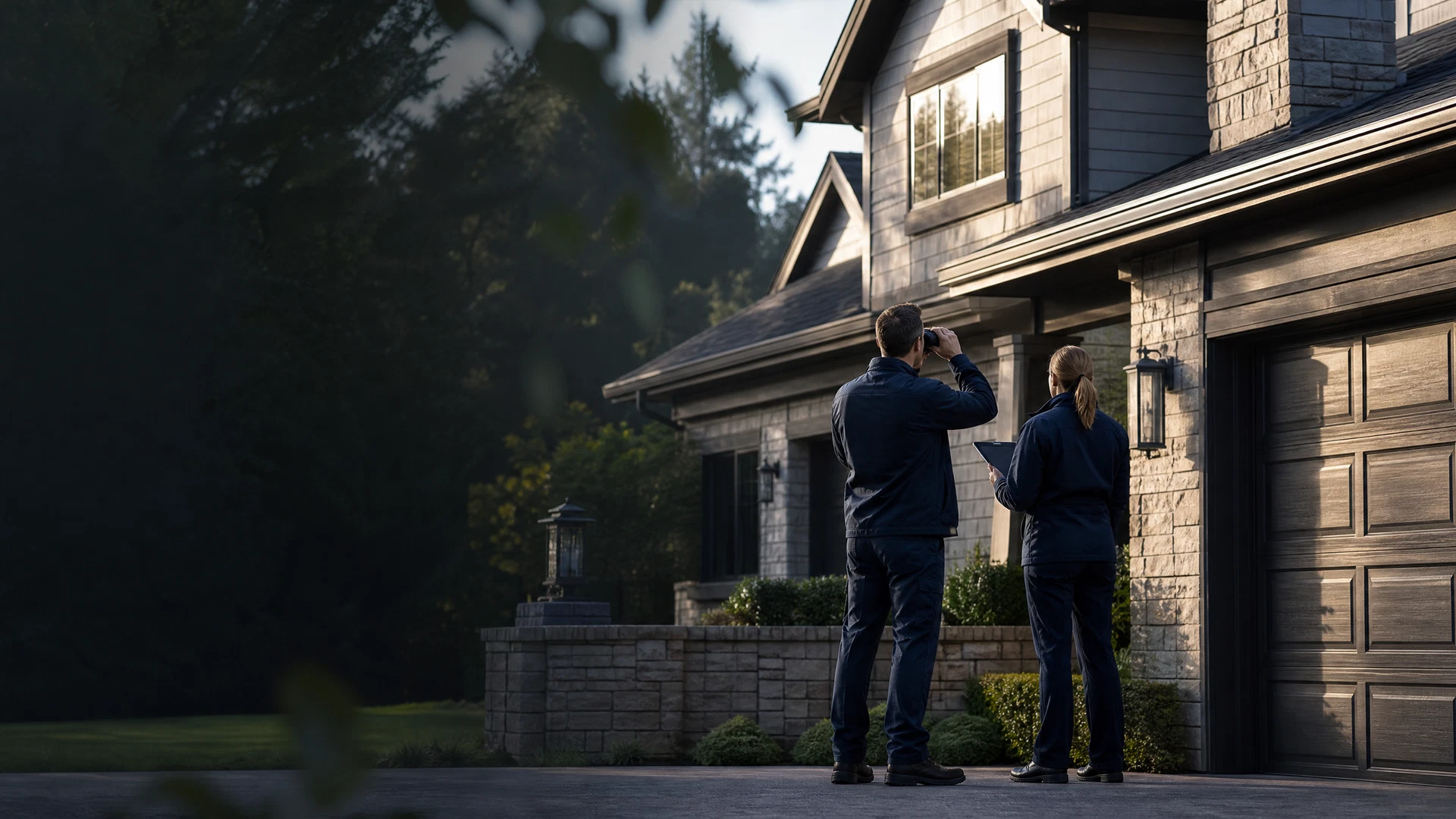 Inspection team reviewing a residential property exterior