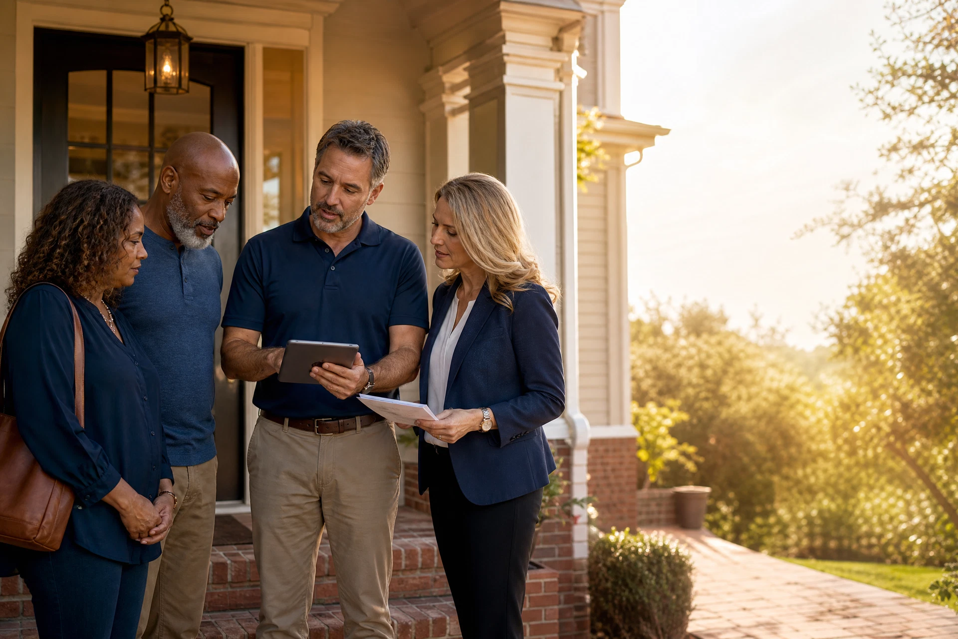 Inspector and Realtor reviewing inspection details with homebuyers